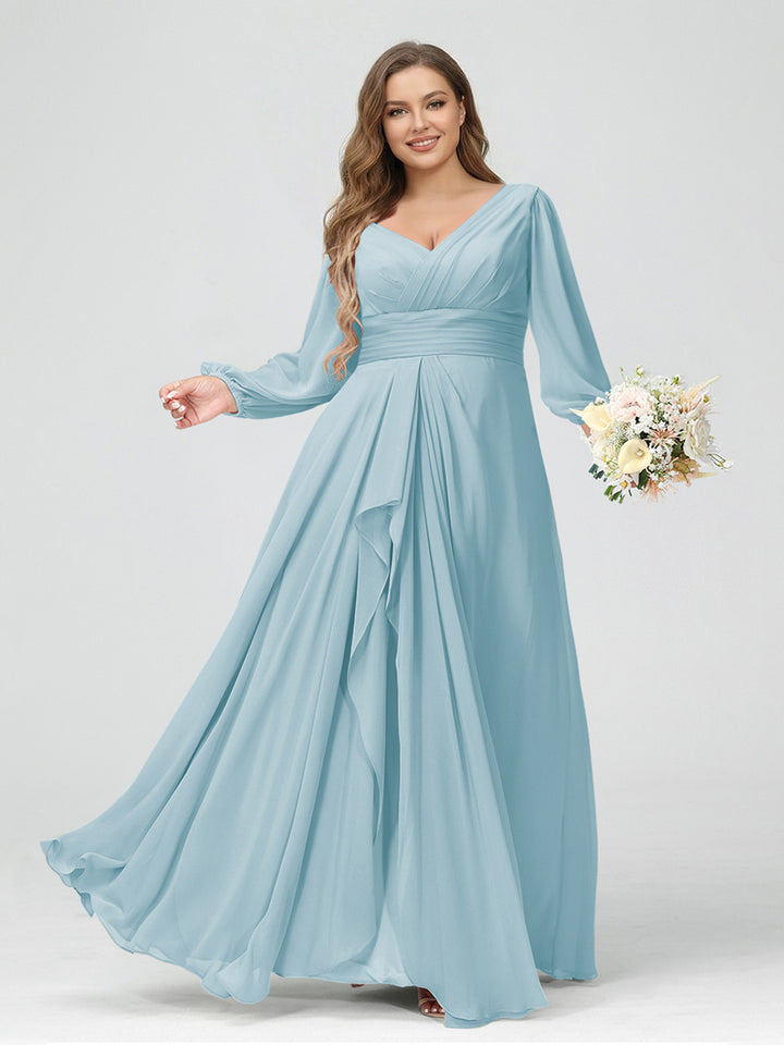 A-Line/Princess V-Neck Long Sleeves Chiffon Ruffles Plus Size Bridesmaid Dresses with Pockets