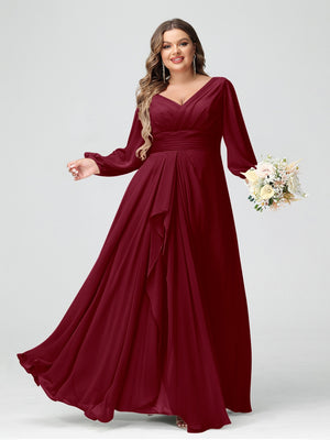 A-Line/Princess V-Neck Long Sleeves Chiffon Ruffles Plus Size Bridesmaid Dresses with Pockets