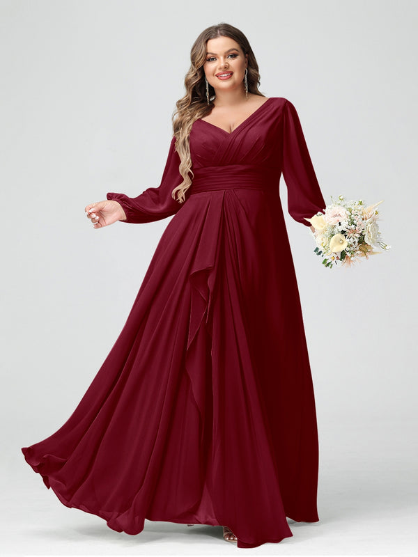 A-Line/Princess V-Neck Long Sleeves Chiffon Ruffles Plus Size Bridesmaid Dresses with Pockets