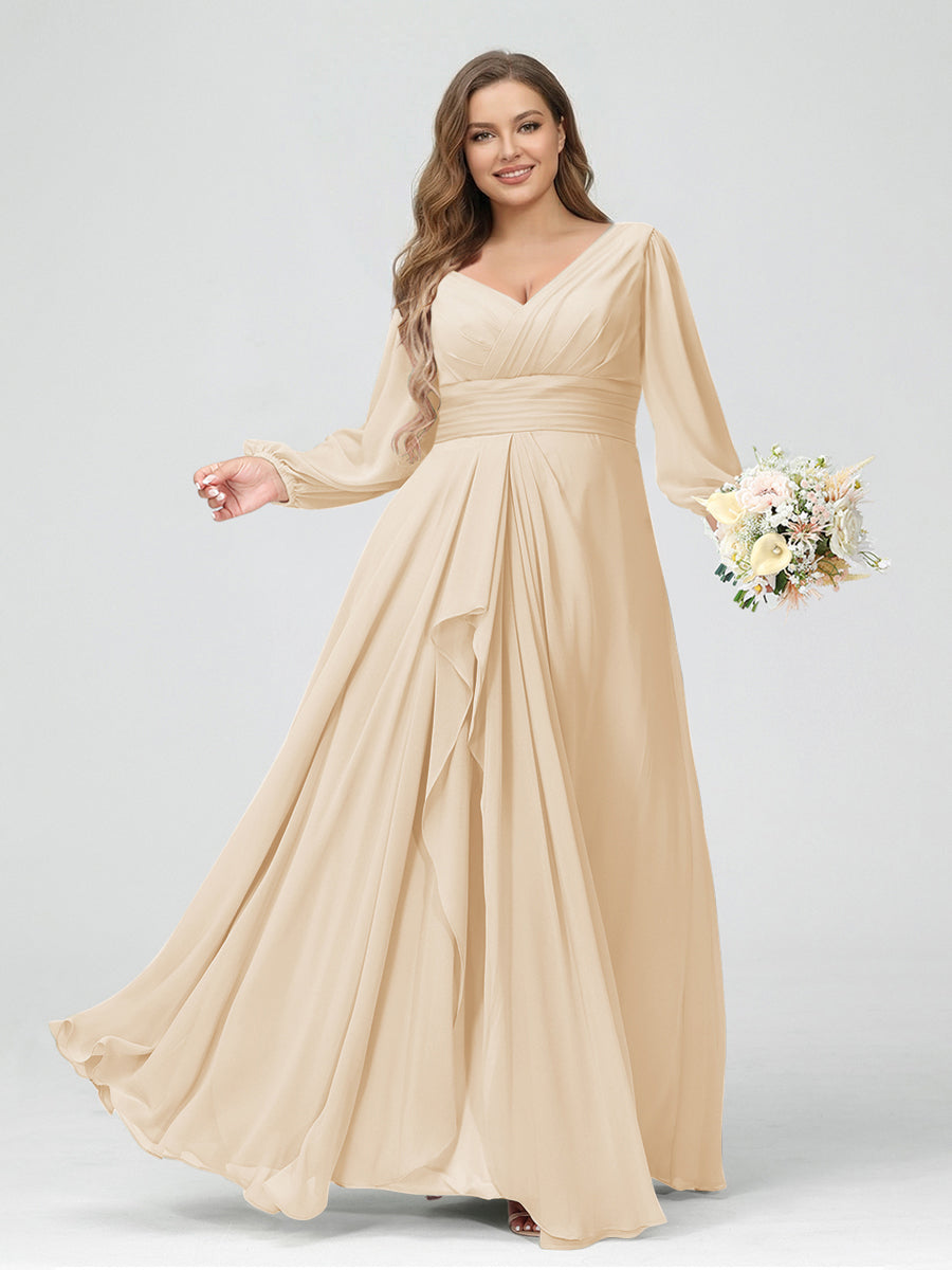 A-Line/Princess V-Neck Long Sleeves Chiffon Ruffles Plus Size Bridesmaid Dresses with Pockets