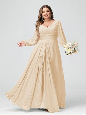 A-Line/Princess V-Neck Long Sleeves Chiffon Ruffles Plus Size Bridesmaid Dresses with Pockets
