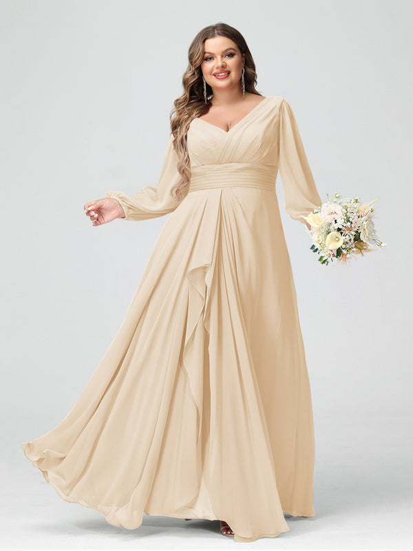 A-Line/Princess V-Neck Long Sleeves Chiffon Ruffles Plus Size Bridesmaid Dresses with Pockets