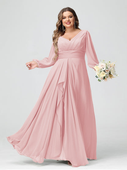 A-Line/Princess V-Neck Long Sleeves Chiffon Ruffles Plus Size Bridesmaid Dresses with Pockets