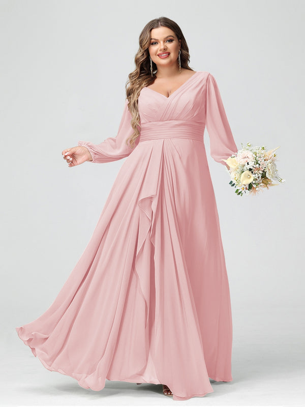 A-Line/Princess V-Neck Long Sleeves Chiffon Ruffles Plus Size Bridesmaid Dresses with Pockets