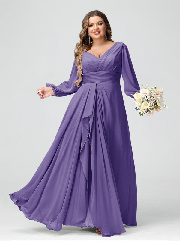 A-Line/Princess V-Neck Long Sleeves Chiffon Ruffles Plus Size Bridesmaid Dresses with Pockets