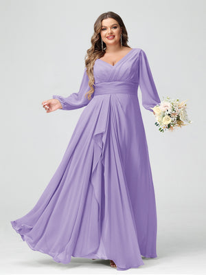 A-Line/Princess V-Neck Long Sleeves Chiffon Ruffles Plus Size Bridesmaid Dresses with Pockets
