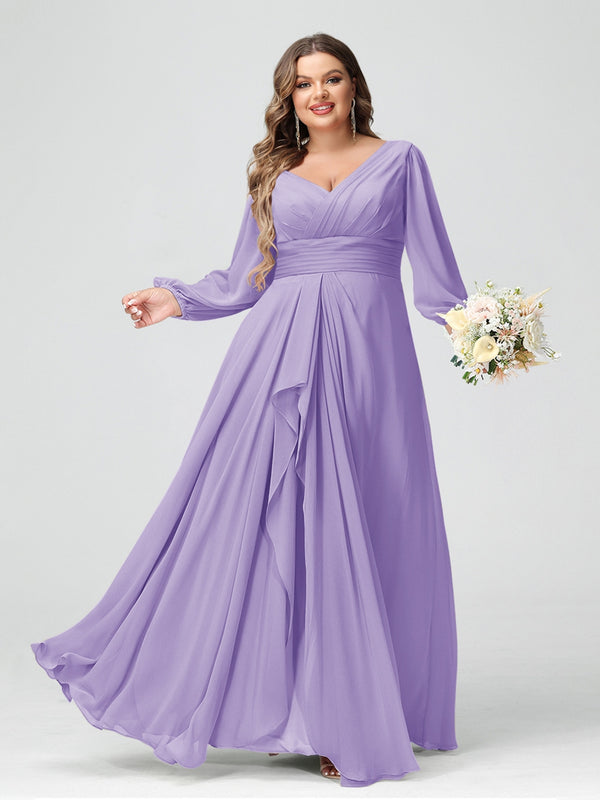 A-Line/Princess V-Neck Long Sleeves Chiffon Ruffles Plus Size Bridesmaid Dresses with Pockets