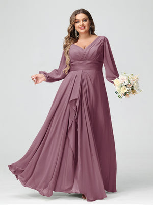 A-Line/Princess V-Neck Long Sleeves Chiffon Ruffles Plus Size Bridesmaid Dresses with Pockets