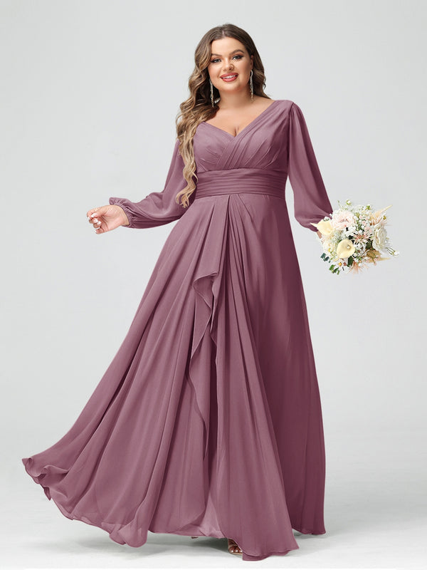 A-Line/Princess V-Neck Long Sleeves Chiffon Ruffles Plus Size Bridesmaid Dresses with Pockets