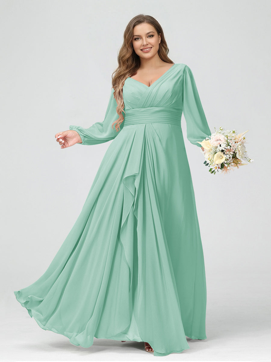A-Line/Princess V-Neck Long Sleeves Chiffon Ruffles Plus Size Bridesmaid Dresses with Pockets