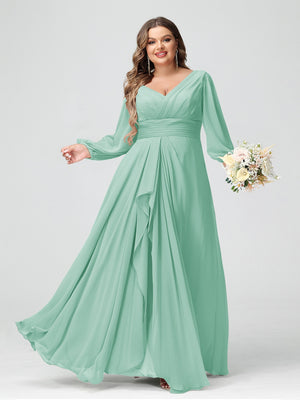 A-Line/Princess V-Neck Long Sleeves Chiffon Ruffles Plus Size Bridesmaid Dresses with Pockets