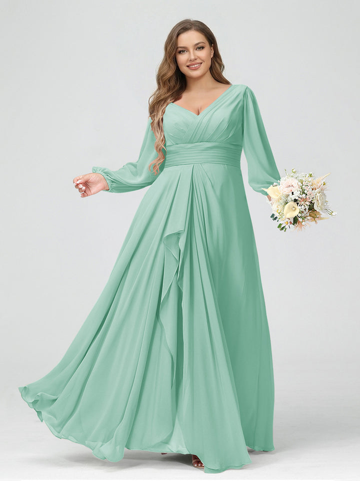 A-Line/Princess V-Neck Long Sleeves Chiffon Ruffles Plus Size Bridesmaid Dresses with Pockets