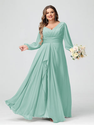A-Line/Princess V-Neck Long Sleeves Chiffon Ruffles Plus Size Bridesmaid Dresses with Pockets