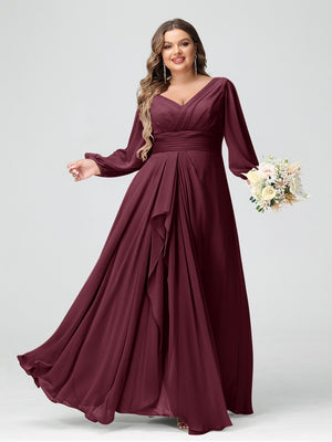 A-Line/Princess V-Neck Long Sleeves Chiffon Ruffles Plus Size Bridesmaid Dresses with Pockets