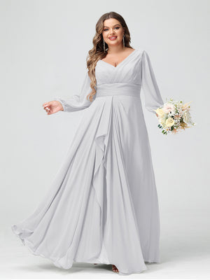 A-Line/Princess V-Neck Long Sleeves Chiffon Ruffles Plus Size Bridesmaid Dresses with Pockets