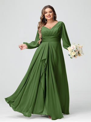 A-Line/Princess V-Neck Long Sleeves Chiffon Ruffles Plus Size Bridesmaid Dresses with Pockets