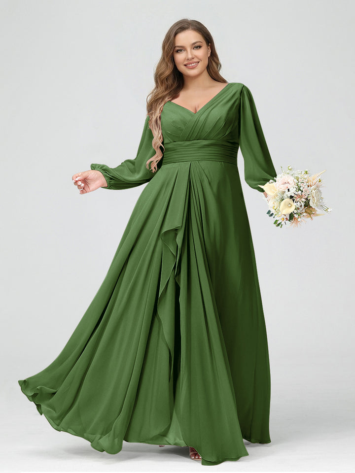 A-Line/Princess V-Neck Long Sleeves Chiffon Ruffles Plus Size Bridesmaid Dresses with Pockets