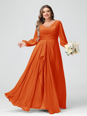 A-Line/Princess V-Neck Long Sleeves Chiffon Ruffles Plus Size Bridesmaid Dresses with Pockets