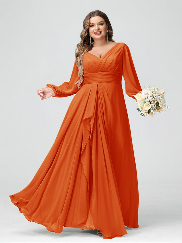 A-Line/Princess V-Neck Long Sleeves Chiffon Ruffles Plus Size Bridesmaid Dresses with Pockets