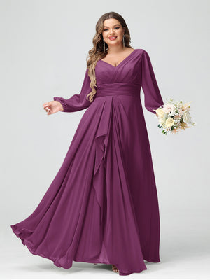 A-Line/Princess V-Neck Long Sleeves Chiffon Ruffles Plus Size Bridesmaid Dresses with Pockets