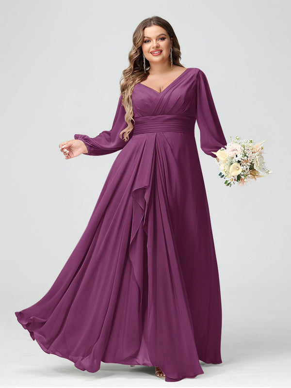 A-Line/Princess V-Neck Long Sleeves Chiffon Ruffles Plus Size Bridesmaid Dresses with Pockets