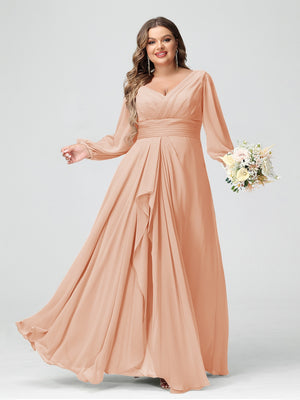 A-Line/Princess V-Neck Long Sleeves Chiffon Ruffles Plus Size Bridesmaid Dresses with Pockets