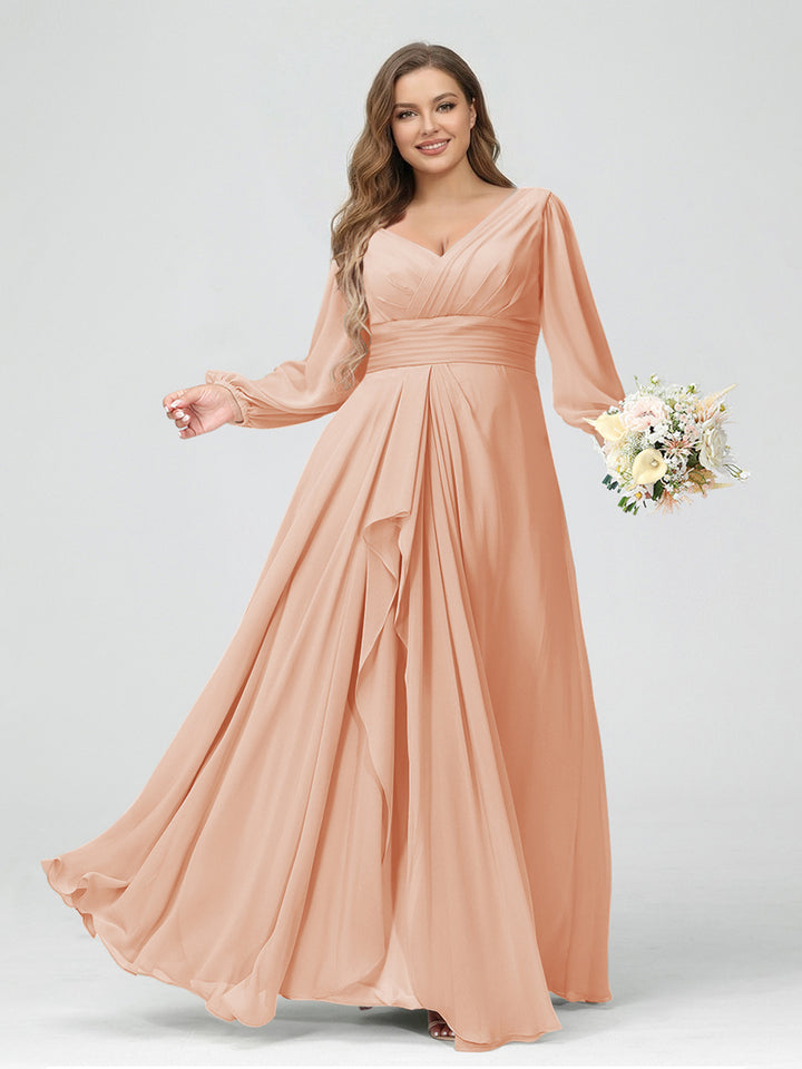A-Line/Princess V-Neck Long Sleeves Chiffon Ruffles Plus Size Bridesmaid Dresses with Pockets