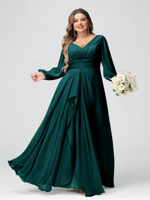 A-Line/Princess V-Neck Long Sleeves Chiffon Ruffles Plus Size Bridesmaid Dresses with Pockets