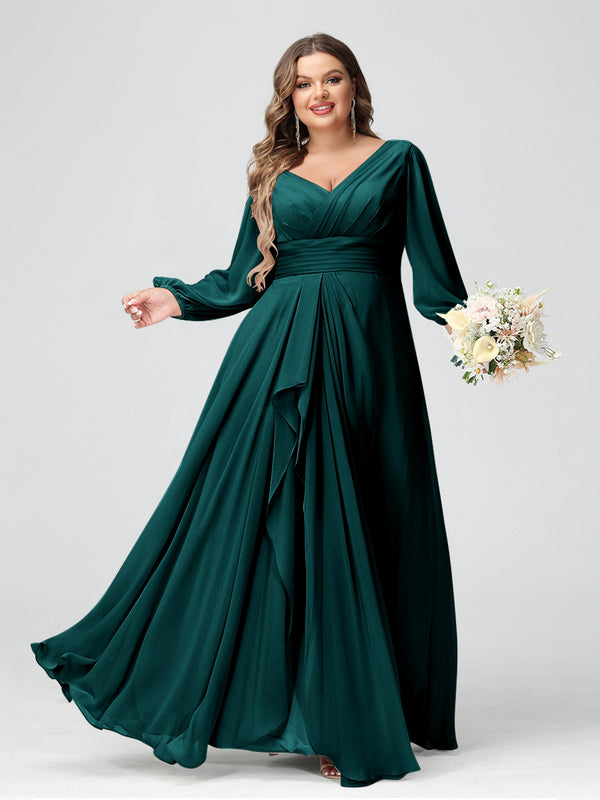 A-Line/Princess V-Neck Long Sleeves Chiffon Ruffles Plus Size Bridesmaid Dresses with Pockets