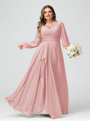 A-Line/Princess V-Neck Long Sleeves Chiffon Ruffles Plus Size Bridesmaid Dresses with Pockets