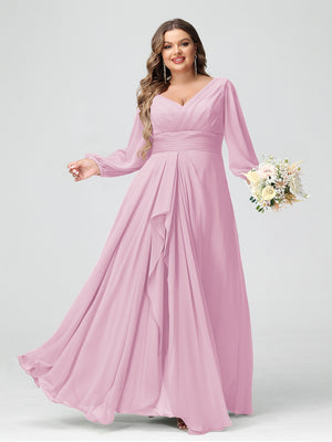 A-Line/Princess V-Neck Long Sleeves Chiffon Ruffles Plus Size Bridesmaid Dresses with Pockets