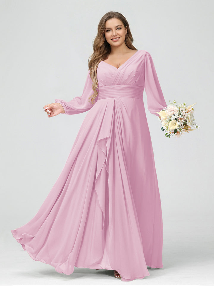 A-Line/Princess V-Neck Long Sleeves Chiffon Ruffles Plus Size Bridesmaid Dresses with Pockets