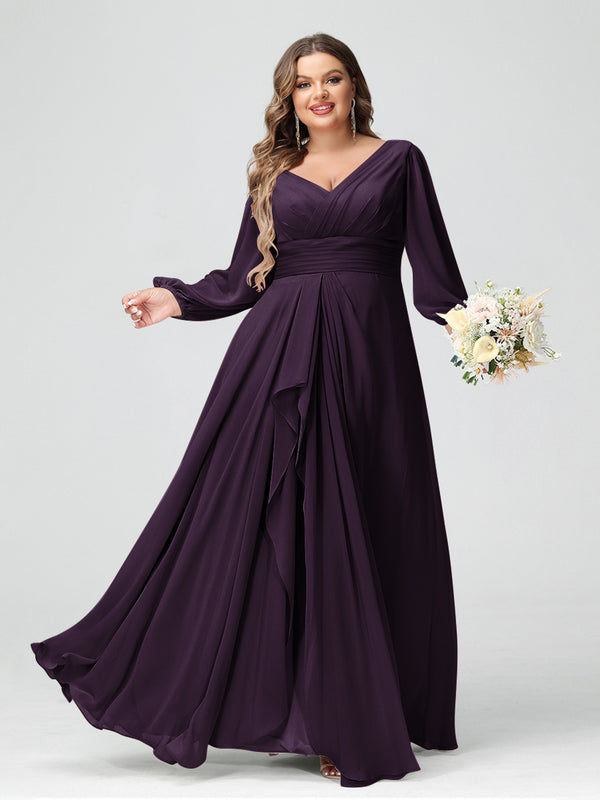 A-Line/Princess V-Neck Long Sleeves Chiffon Ruffles Plus Size Bridesmaid Dresses with Pockets