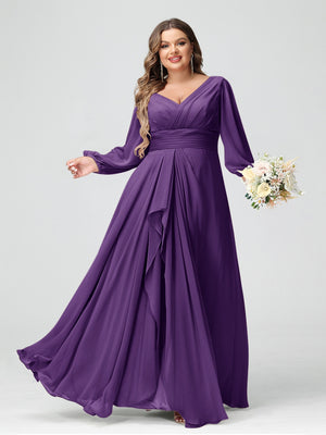 A-Line/Princess V-Neck Long Sleeves Chiffon Ruffles Plus Size Bridesmaid Dresses with Pockets