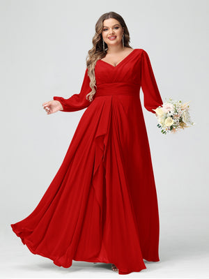 A-Line/Princess V-Neck Long Sleeves Chiffon Ruffles Plus Size Bridesmaid Dresses with Pockets