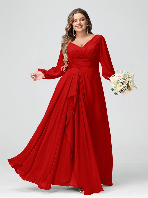 A-Line/Princess V-Neck Long Sleeves Chiffon Ruffles Plus Size Bridesmaid Dresses with Pockets