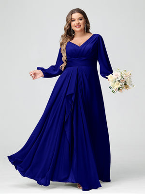 A-Line/Princess V-Neck Long Sleeves Chiffon Ruffles Plus Size Bridesmaid Dresses with Pockets