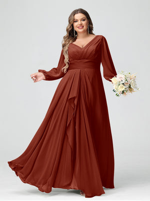 A-Line/Princess V-Neck Long Sleeves Chiffon Ruffles Plus Size Bridesmaid Dresses with Pockets