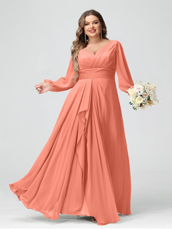 A-Line/Princess V-Neck Long Sleeves Chiffon Ruffles Plus Size Bridesmaid Dresses with Pockets
