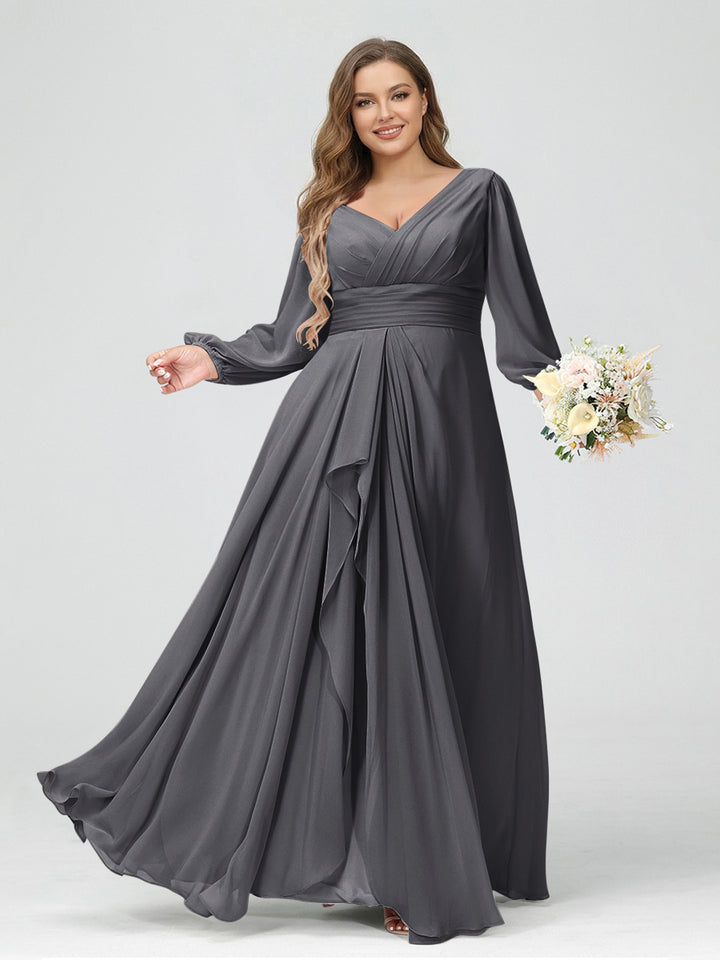 A-Line/Princess V-Neck Long Sleeves Chiffon Ruffles Plus Size Bridesmaid Dresses with Pockets