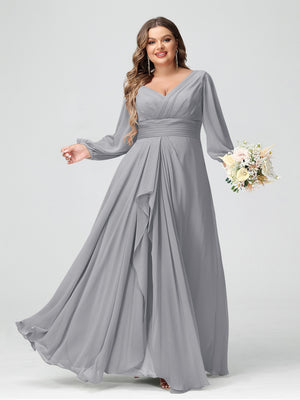 A-Line/Princess V-Neck Long Sleeves Chiffon Ruffles Plus Size Bridesmaid Dresses with Pockets