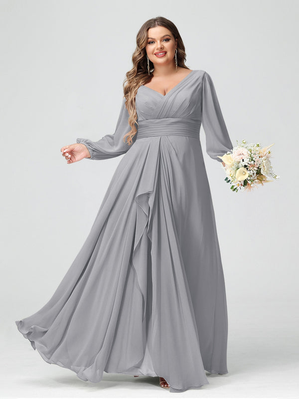 A-Line/Princess V-Neck Long Sleeves Chiffon Ruffles Plus Size Bridesmaid Dresses with Pockets