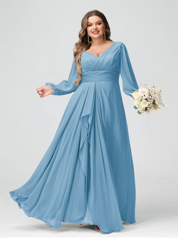 A-Line/Princess V-Neck Long Sleeves Chiffon Ruffles Plus Size Bridesmaid Dresses with Pockets