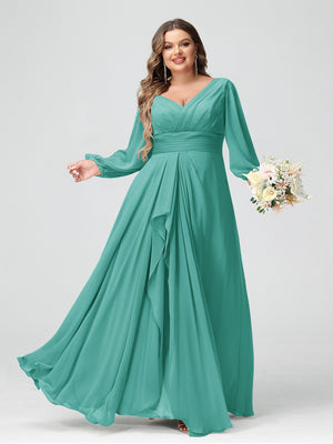 A-Line/Princess V-Neck Long Sleeves Chiffon Ruffles Plus Size Bridesmaid Dresses with Pockets