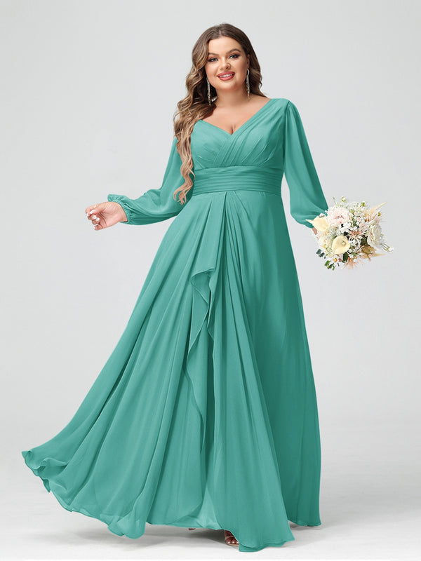 A-Line/Princess V-Neck Long Sleeves Chiffon Ruffles Plus Size Bridesmaid Dresses with Pockets