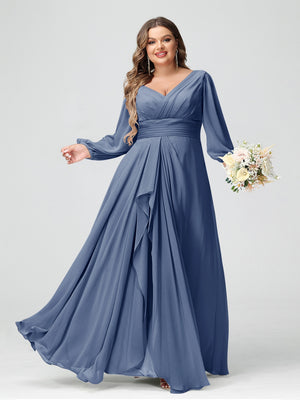 A-Line/Princess V-Neck Long Sleeves Chiffon Ruffles Plus Size Bridesmaid Dresses with Pockets