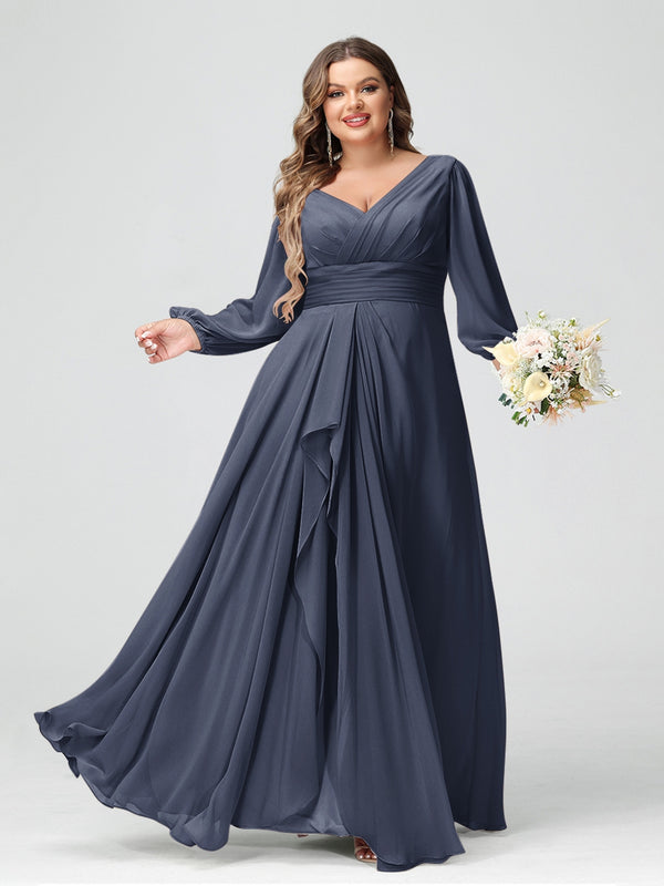 A-Line/Princess V-Neck Long Sleeves Chiffon Ruffles Plus Size Bridesmaid Dresses with Pockets
