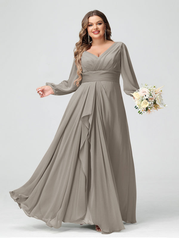 A-Line/Princess V-Neck Long Sleeves Chiffon Ruffles Plus Size Bridesmaid Dresses with Pockets