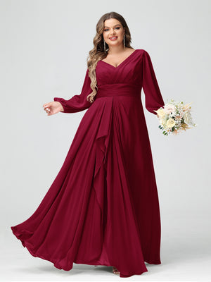 A-Line/Princess V-Neck Long Sleeves Chiffon Ruffles Plus Size Bridesmaid Dresses with Pockets
