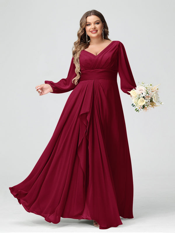 A-Line/Princess V-Neck Long Sleeves Chiffon Ruffles Plus Size Bridesmaid Dresses with Pockets